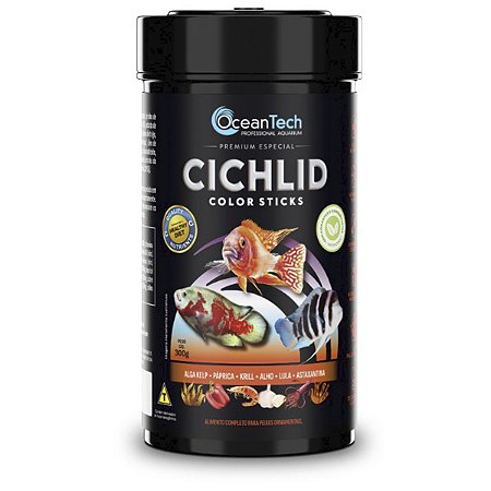 Ração peixes OceanTech Cichlid Color Sticks 300g realça cores ciclídeos