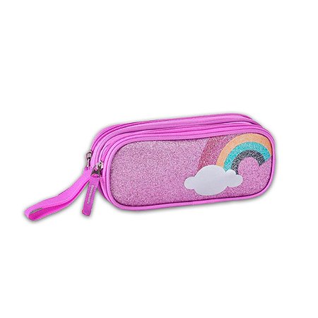 Estojo Escolar Duplo Unicornio Glitter Arco íris - Lilás