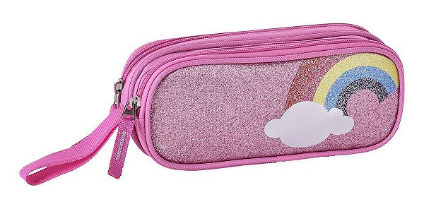 Estojo Escolar Duplo Unicornio Glitter Arco íris Infantil