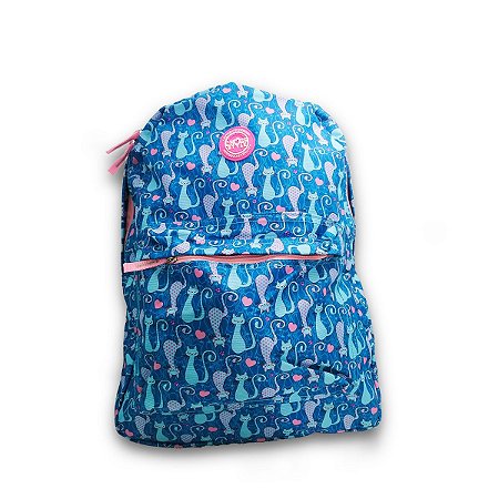 Mochila Escolar Costas Juvenil Estampada Gatinho Clio Azul