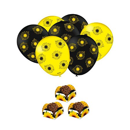 Balão Decorativo Girassol 25un + 40 Forminhas De Doces