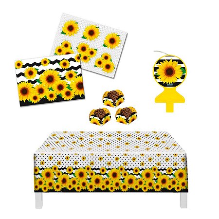 Kit Festa Girassol Toalha de Mesa+Decoração+Vela+Forminhas