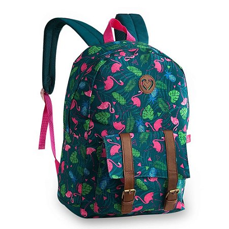 Mochila Escolar Costas Juvenil Flamingo Tropical Cor Verde