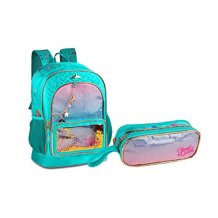 Super Kit Escolar Mochila Costas Sereia e Estojo Duplo azul