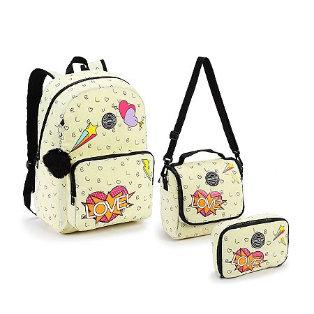 Kit Mochila + Estojo + Lancheira Bege ColorUp - Seanite