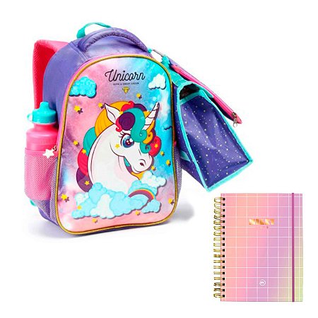 Kit 5 Peças Escolar + Caderno Infantil Unicórnio - Seanite