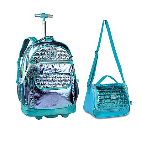 Kit Escolar Mochila de Rodinhas e Lancheira Metalizada Azul