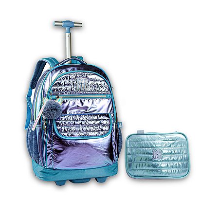 Kit Escolar Mochila de Rodinha Metalizada e Estojo RB Azul