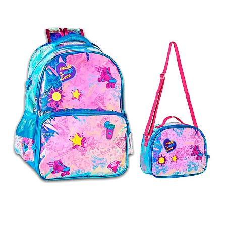 Super Kit Escolar Mochila Holográfica + Lancheira Azul