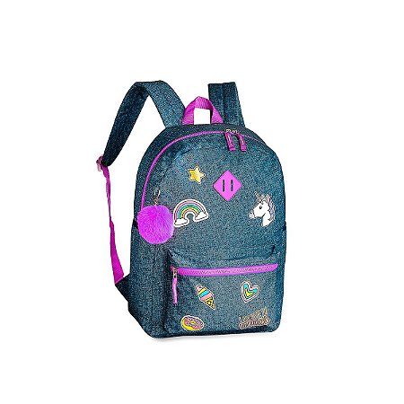 Mochila Escolar Jeans Unicórnio Infantil  Cor Roxo