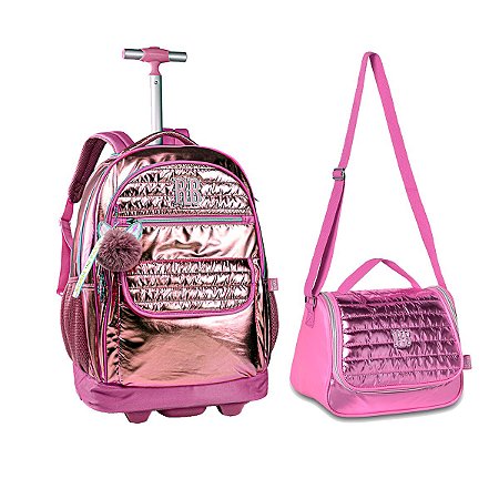Kit Escolar Mochila de Rodinhas e Lancheira Metalizada rosa