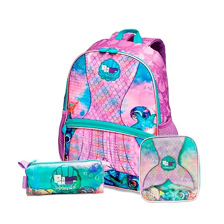 Kit Escolar Mochila e Lancheira Térmica e Estojo Sereia