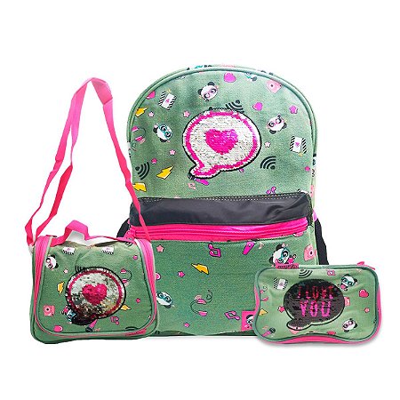 Mochila Rodinhas Luluca verde e Rosa + Lancheira + Estojo Box - Shop  Macrozao