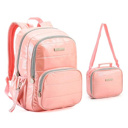 Kit Mochila Costas escolar + Lancheira Rosa Metalizado