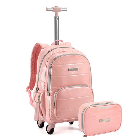 Kit Mochila de Rodinhas + Estojo Rosa Metalizado - Colorup