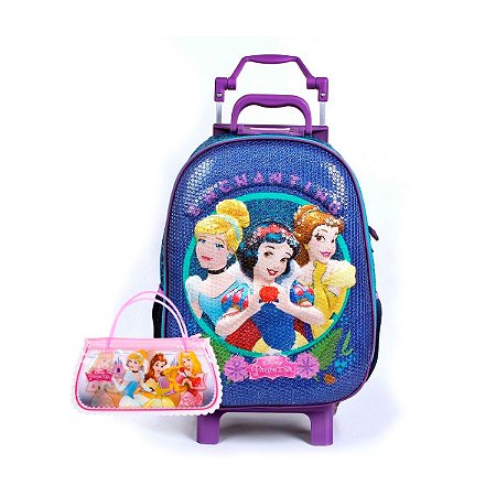 Mochila De Carrinho Princesas Disney Escolar Infantil Paetê