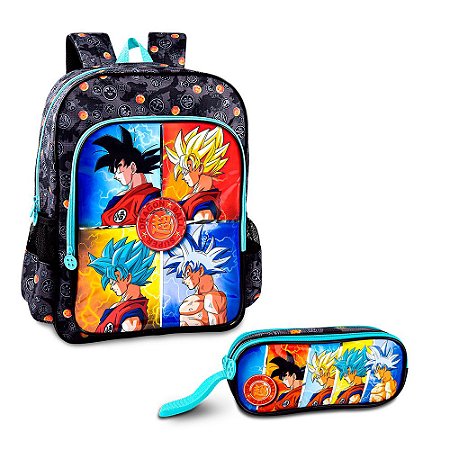 Kit Mochila Preto E Azul Claro + Estojo Dragon Ball Super