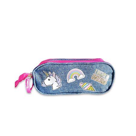 Estojo Escolar Duplo Jeans I believe unicorns  Cor Rosa
