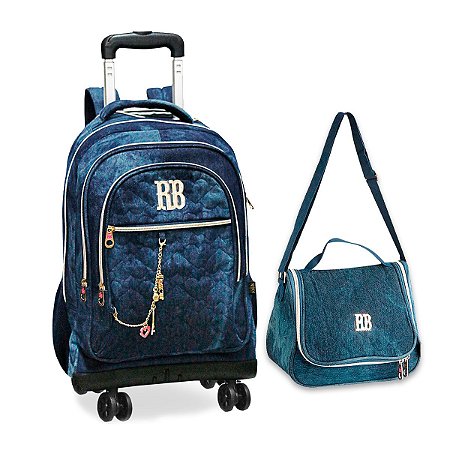 Mega Kit Escolar Mochila de Rodas e Lancheira RB Jeans azul
