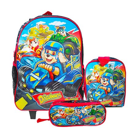 Kit Mochila Rodinha+Lancheira+Estojo Doguinhos Vermelho