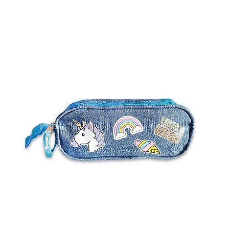 Estojo Escolar Duplo Jeans I believe unicorns  Cor Azul