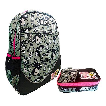 Kit Mochila Escolar Costas BT21 Cinza + Estojo Box 100 Pens