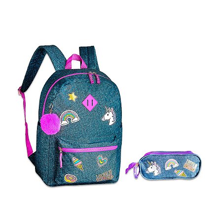Super Kit Unicórnios Mochila e Estojo I Believe Cor Roxa
