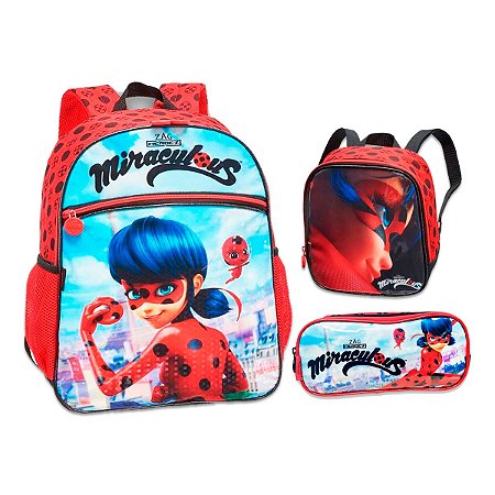 Super Kit Escolar Mochila + Lancheira + Estojo Miraculous