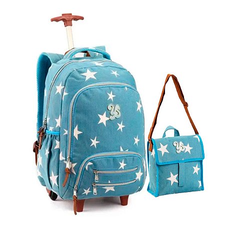 Mochila de Rodinhas Jeans Claro Estrela + Lancheira Térmica