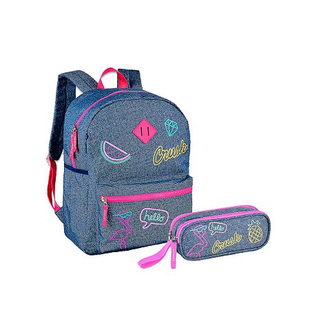 KiT Escolar Mochilas e Estojo Jeans Hello Crush Cor Rosa