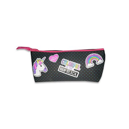 Estojo Escolar Unicornio Silicone Colorful Infantil Preto