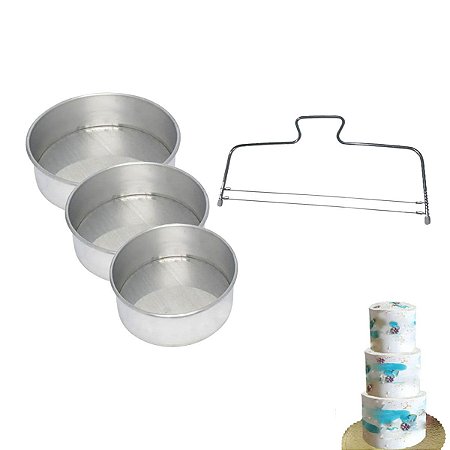 Kit Forma De Bolo Redonda P M G + Nivelador Fatiador Duplo