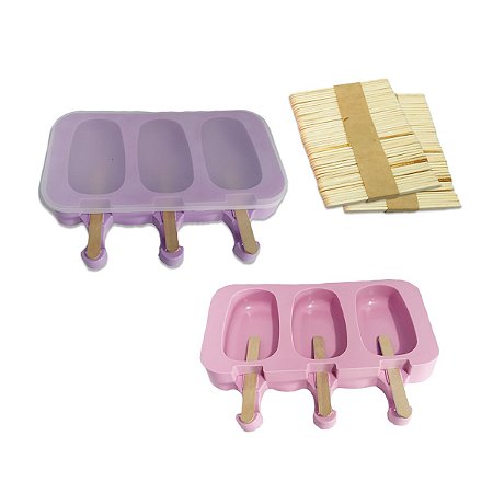 2 Formas Silicone De Picolé 3 Cavidades + 100 Palitos