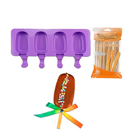 Forma de Picolé de Silicone 4 Cavidades + 100 Palitos
