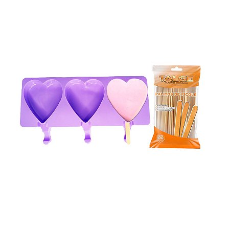 Forma de Silicone de Picolé de Coração + 100 Palitos