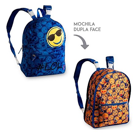Mochila Escolar Emoji 2 em 1 Dupla face Azul Infantil
