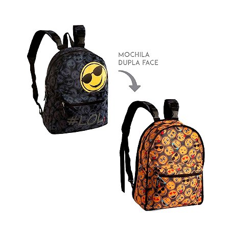 Mochila Escolar Emoji 2 em 1 Dupla face Preta Infantil