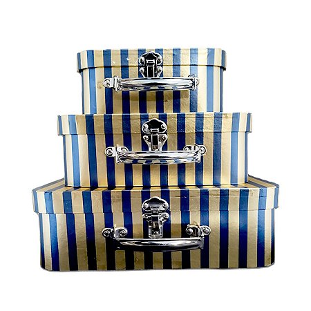 Kit Trio de Maletas de Papel Listrado Dourado e Azul Marinho