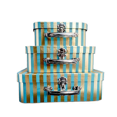 Kit Trio de Maletas de Papel Listrado Dourado e Azul Claro