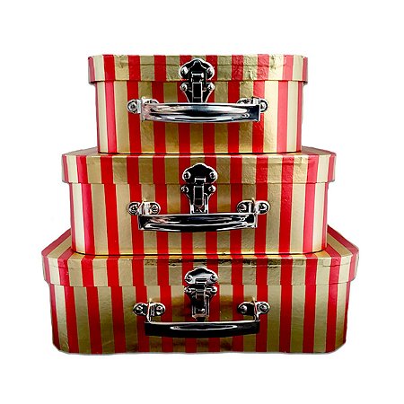 Kit Trio de Maletas de Papel Listrado Dourado e Vermelho