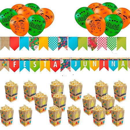 Kit 50 Balões + 16 Caixas p/ Pipoca + Faixa Junina Festcolor