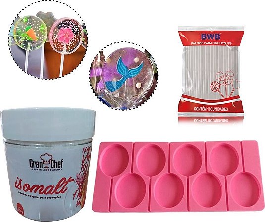 Kit Isomalt 500g com Forma Pirulito rosa + 1 palito 9cm