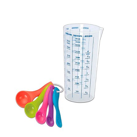 Kit Copo Medidor de 500ml e Jogo de Colher Medidoras 5 Pçs