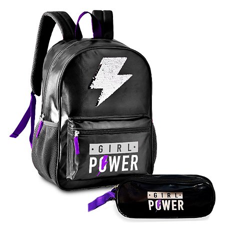 Kit Mochila e Estojo Girl Power Preta com Paetê - Clio