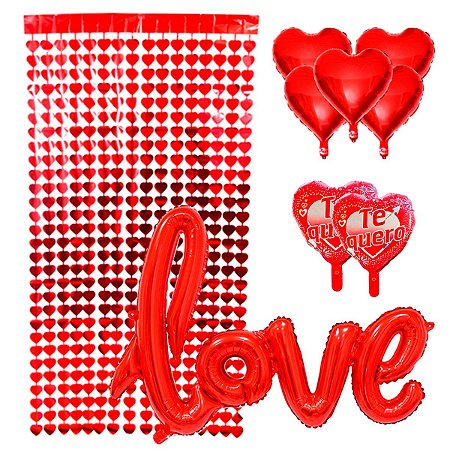 Cortina Metalizada + Balões Love Vermelho Decorativos Festas
