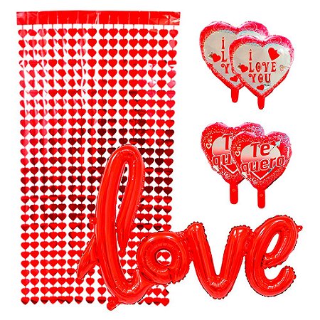 Kit Cortina Metalizada + Balões Vermelho Decorativos Festas