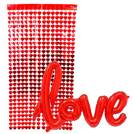 Cortina Metalizada + Balao Love Vermelho Decorativos Festas
