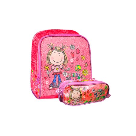 Kit Escolar Lancheira + Estojo Hello Little Darling Vermelho