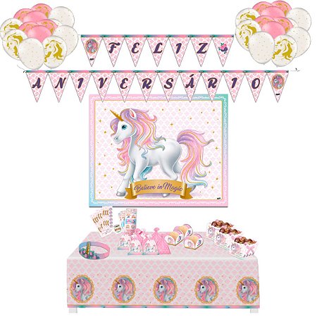 Kit Festa Unicórnio 90 Peças Decoração Aniversário Realeza