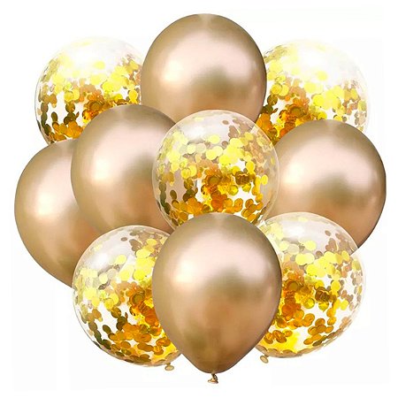 Kit Balão Green Mix c/ Confete Dourado Decorações 10un